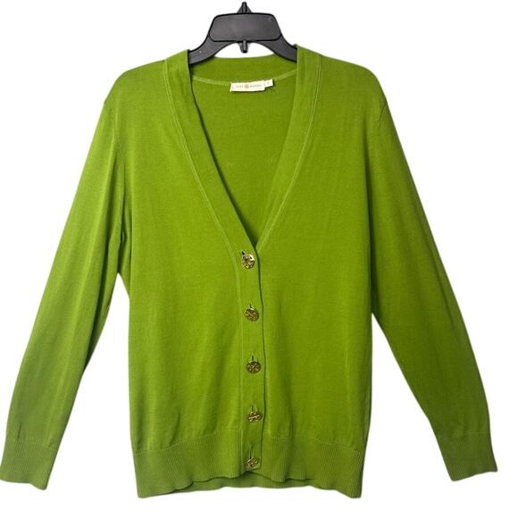 Tory Burch Lemon Green Cotton Cardigan Gold Logo Buttons Lightweight Size XL - Picture 2 of 10